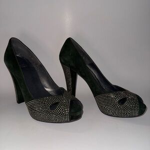 Stuart Weitzman Dark Green Studded Cut Out Peep Toe Platform Pumps